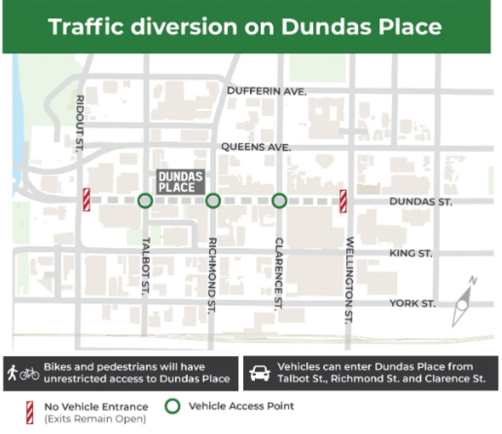 Map showing traffic Diversion on Dundas Place, blockades to cars entering Dundas at Wellington and Ridout.